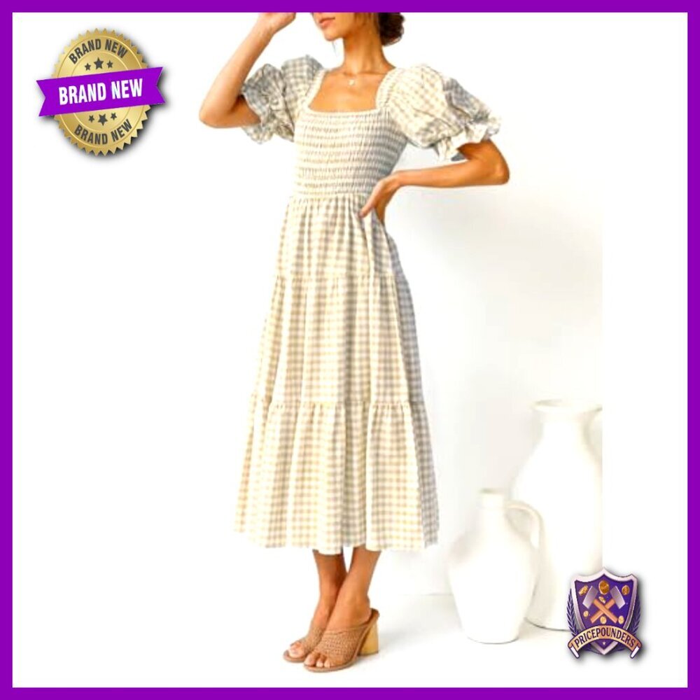 Bohemian Summer Plaid Square Neck Puff Sleeve Ruffle Flowy Midi Dress - Picture 3 of 7